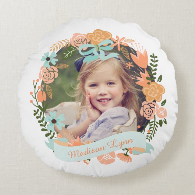 Peach Mint Girly Floral Wreath Photo Custom Round Cushion (Front)
