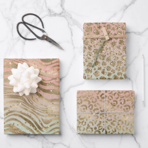 Peach Mint Gold Glitz Sparkle Animal Prints     Wrapping Paper Sheet