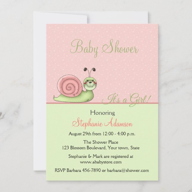 Peach, Mint Green, Cute Snail, Baby Girl Shower Invitation (Front)
