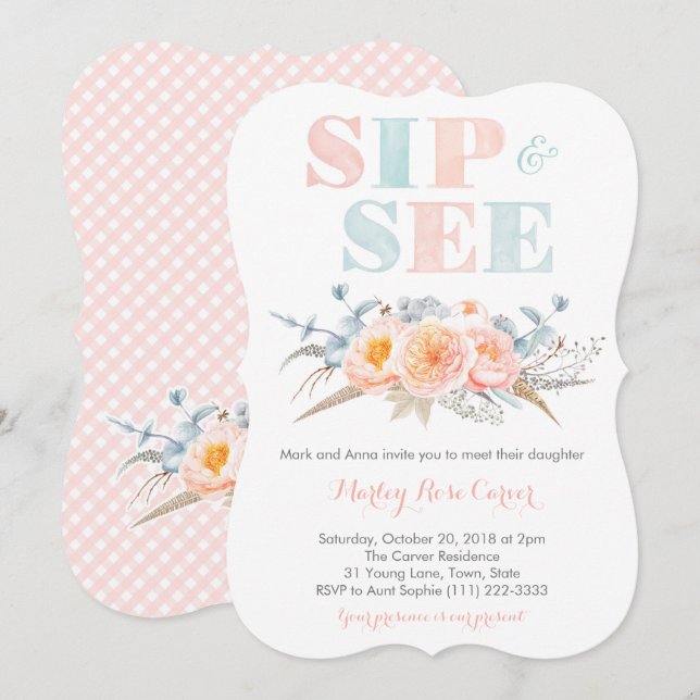 Peach Mint Meet Baby Girl or Sip and See Party Invitation (Front/Back)