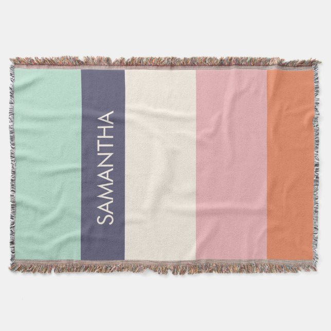 Peach Mint Modern Colour Blocks Stripes Personalis Throw Blanket (Front)