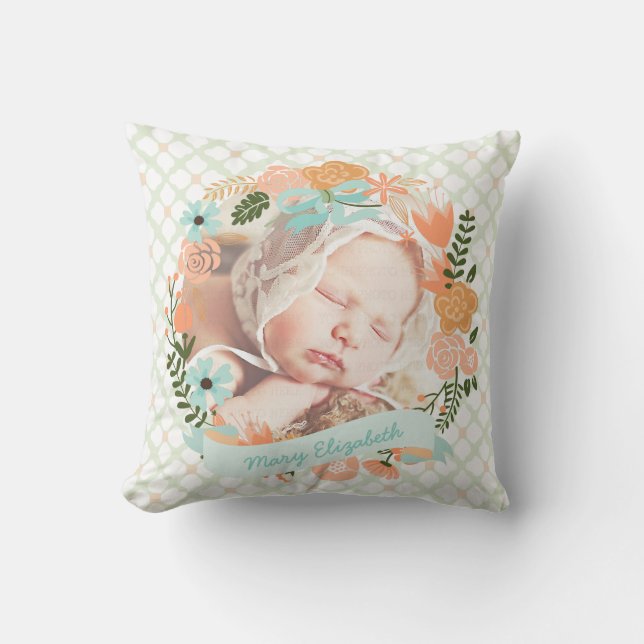 Peach Mint Nursery Floral Wreath Photo Custom Cushion (Front)