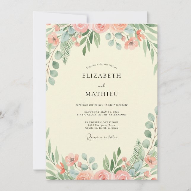 Peach Mint Petal Wedding Invitation (Front)