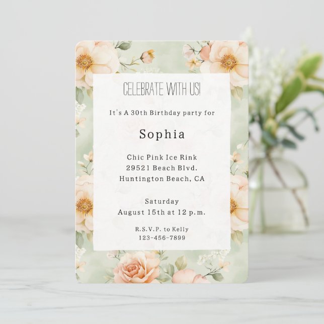 Peach Mint Pretty Rose Floral Birthday Invitation (Standing Front)