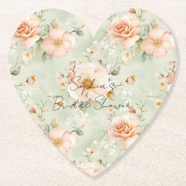 Peach Mint Pretty Rose Floral Bridal Shower Paper Coaster (Front)