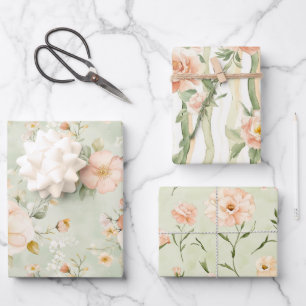 Peach Mint Pretty Roses Floral Bridal Shower Wrapping Paper Sheet