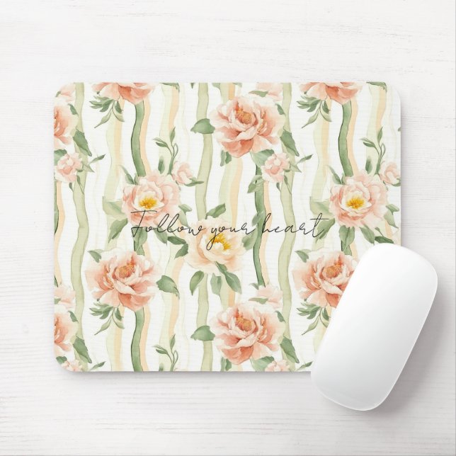 Peach Mint Pretty Roses Floral Stripes Mouse Pad (With Mouse)