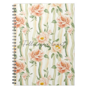 Peach Mint Pretty Roses Floral Stripes Notebook