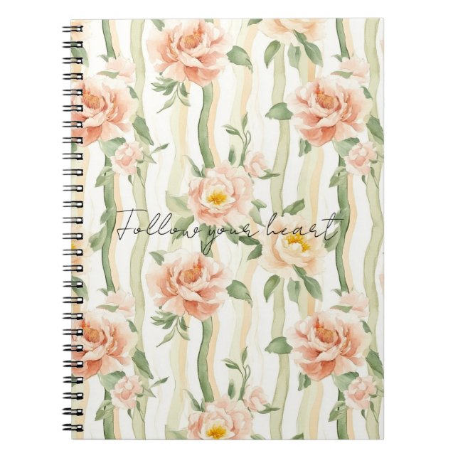 Peach Mint Pretty Roses Floral Stripes Notebook (Front)