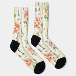 Peach Mint Pretty Roses Floral Stripes Socks