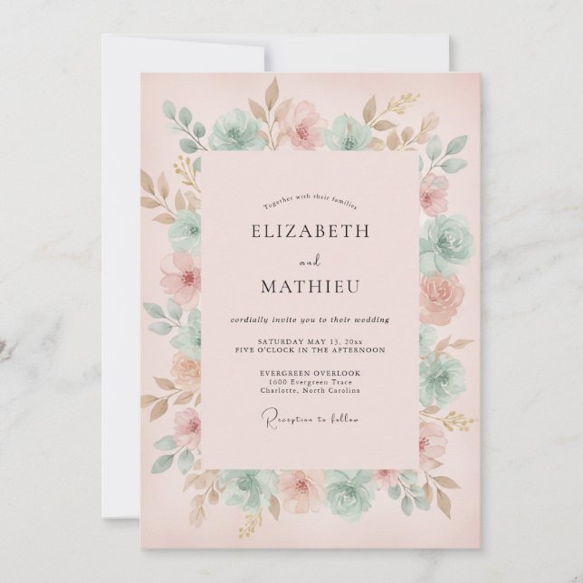 Peach Mint Ranunculus Eucalyptus Wedding Invitation (Front)