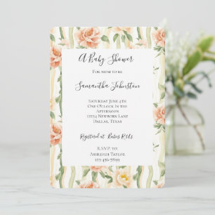 Peach Mint Roses Floral Stripes Baby Shower Invitation