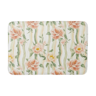 Peach Mint Roses Floral Stripes   Bath Mat