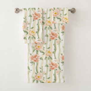 Peach Mint Roses Floral Stripes Bath Towel Set