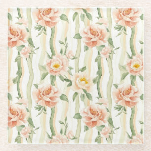 Peach Mint Roses Floral Stripes Birthday Glass Coaster