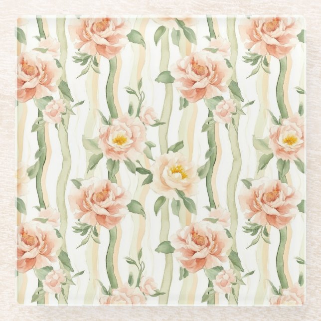Peach Mint Roses Floral Stripes Birthday Glass Coaster (Front)