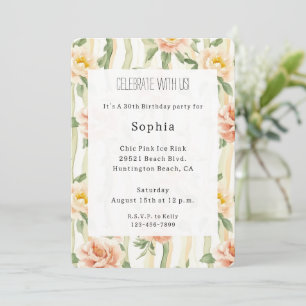 Peach Mint Roses Floral Stripes Birthday Invitation