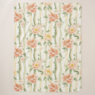 Peach Mint Roses Floral Stripes Birthday Sherpa Blanket