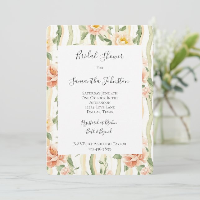 Peach Mint Roses Floral Stripes Bridal Shower Invitation (Standing Front)