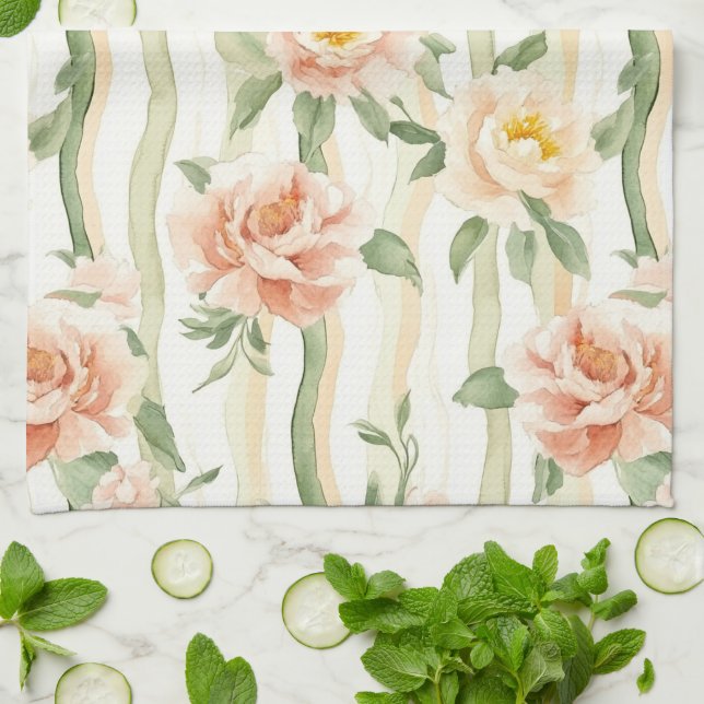 Peach Mint Roses Floral Stripes   Tea Towel (Folded)