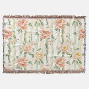 Peach Mint Roses Floral Stripes Throw Blanket