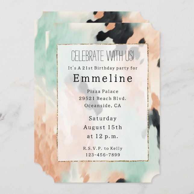 Peach Mint White Western Cowhide Invitation (Front/Back)