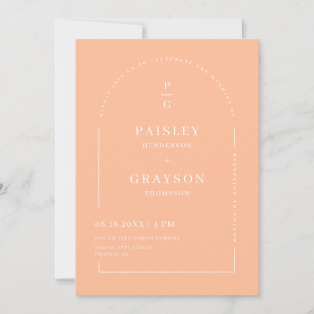 Peach Modern Boho Arch Photo Monogram QR Code Invitation (Front)