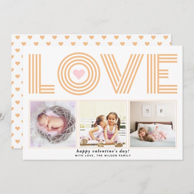 Peach modern LOVE Valentines Day heart photo Holiday Card (Front/Back)