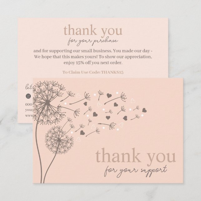 Peach Modern Script, Thank You Candle Business  Enclosure Card (Front/Back)