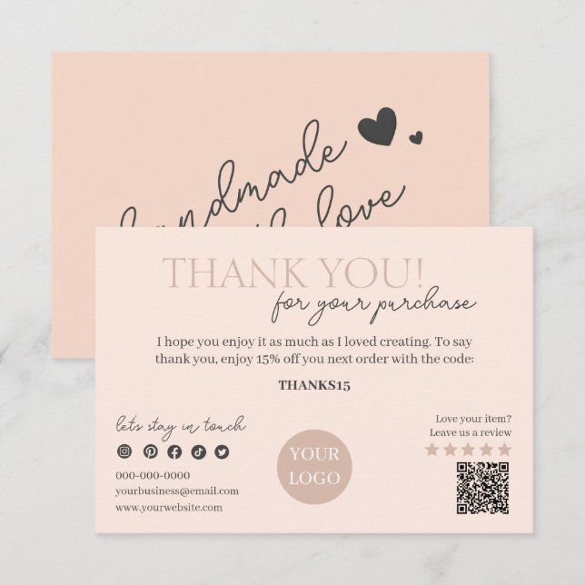 Peach Modern Script, Thank You Candle Business  Enclosure Card (Front/Back)