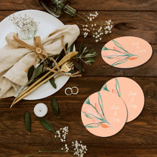 Peach Modern Wedding  Round Paper Coaster