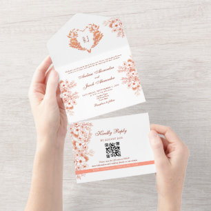 Peach Monogram Crest Wedding All In One Invitation