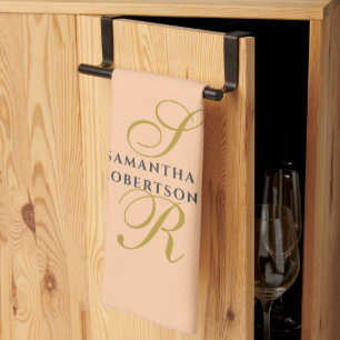 Peach Monogram Gold Gray Name Minimalist Stylish Tea Towel
