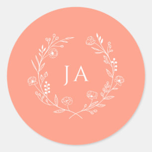 Peach Monogram Wedding Classic Round Sticker