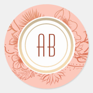 Peach Monogram Wedding Classic Round Sticker