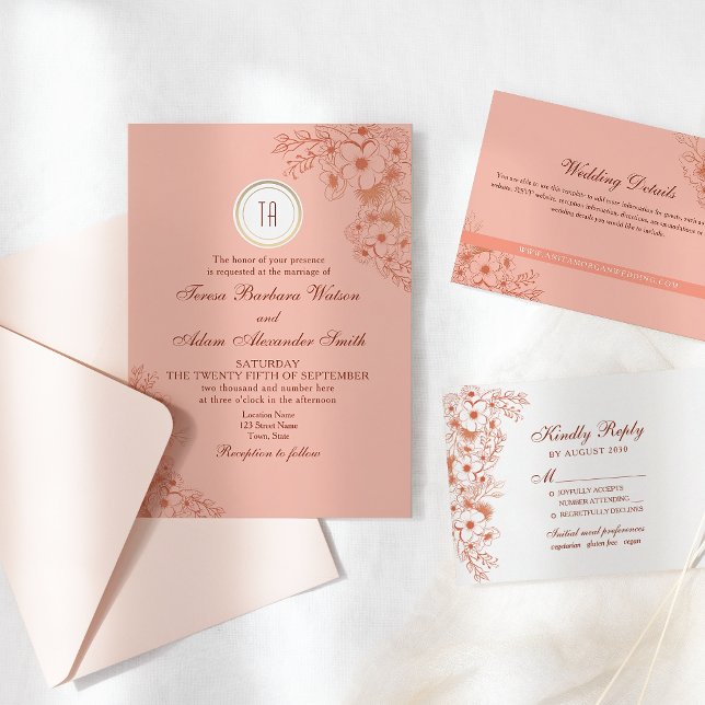 Peach Monogram Wedding Invitation (Creator Uploaded)
