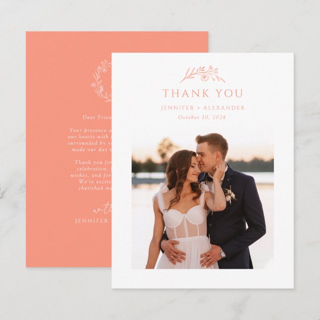  Peach Monogram Wedding Thank You Card (Front/Back)