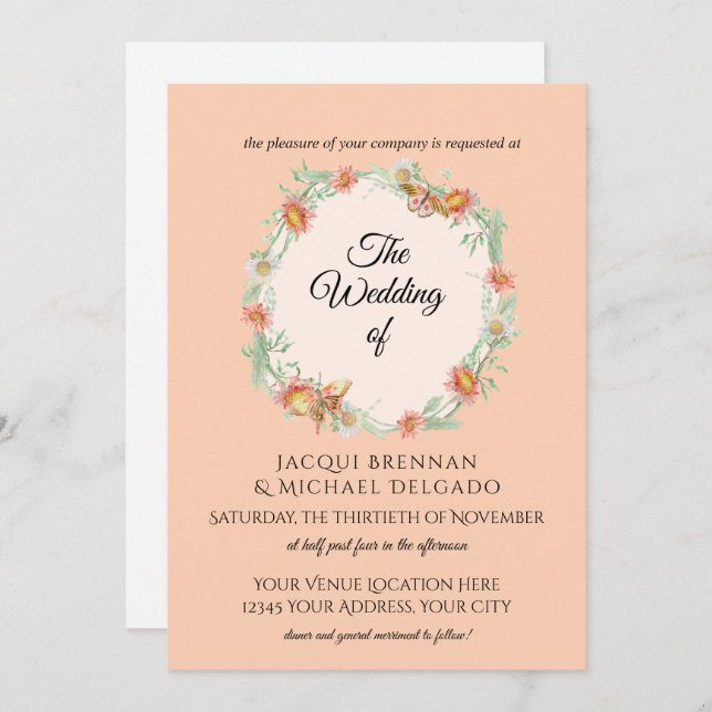 Peach n Mint Butterfly Floral Wreath Wedding Invitation (Front/Back)
