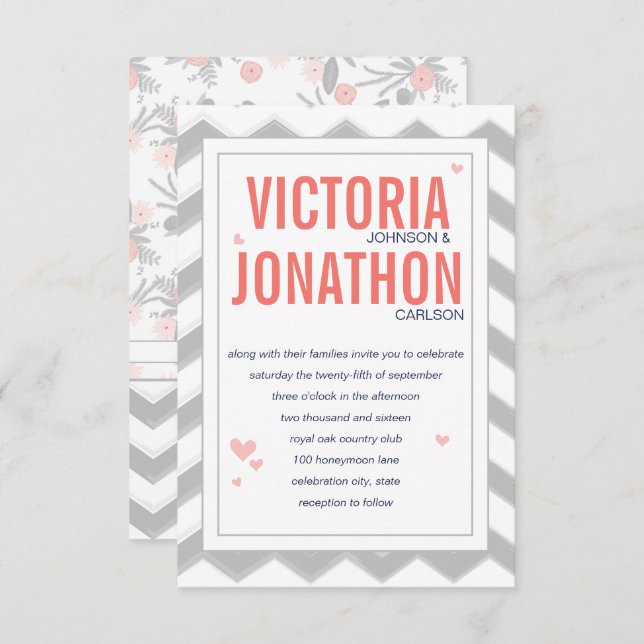 Peach Navy and Gray Zig Zag Typography Wedding Invitation (Front/Back)