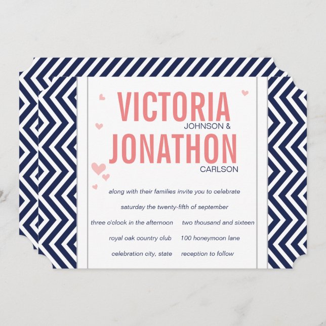 Peach Navy and Grey Zig Zag Typography Wedding Invitation (Front/Back)