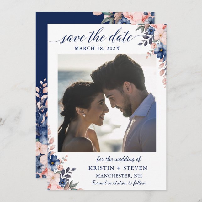 Peach Navy Blue Floral Photo Save The Date Card (Front/Back)