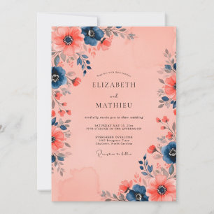 Peach Navy Blue Stunning Floral Wedding Invitation