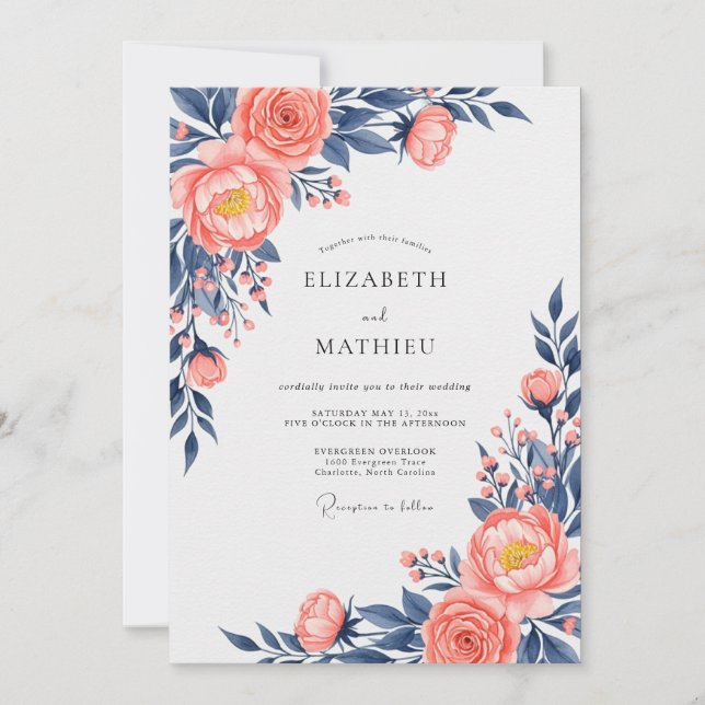 Peach Navy Exquisite Floral Wedding Invitation (Front)