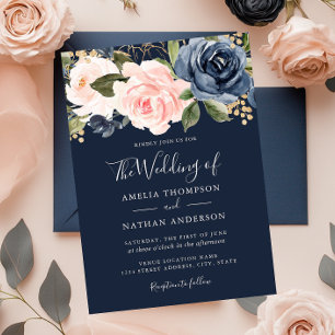 Peach Navy Watercolor Florals Wedding Invitation