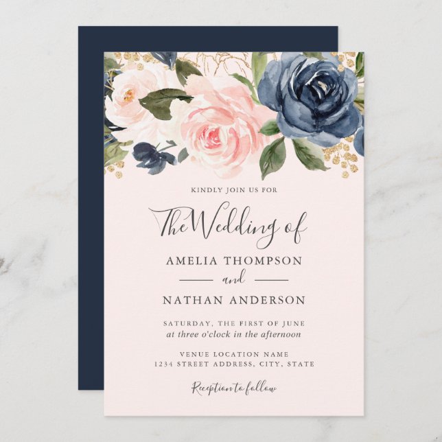 Peach Navy Watercolor Florals Wedding Invitation (Front/Back)
