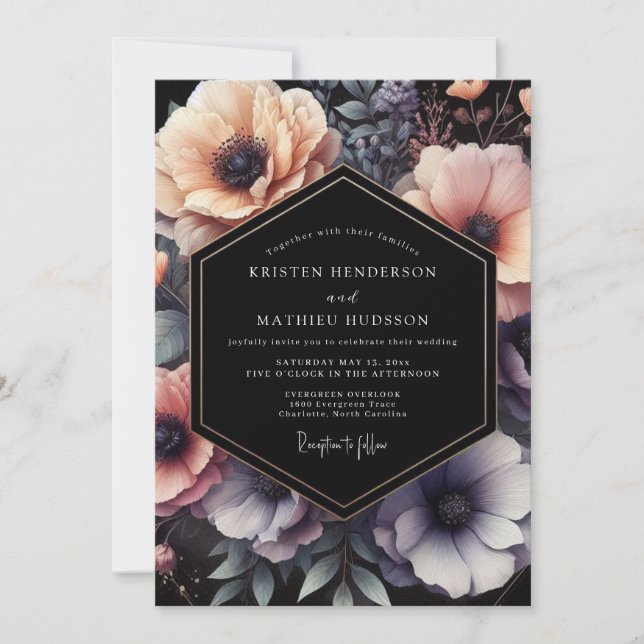 Peach Noir Floral Wedding Invitation (Front)