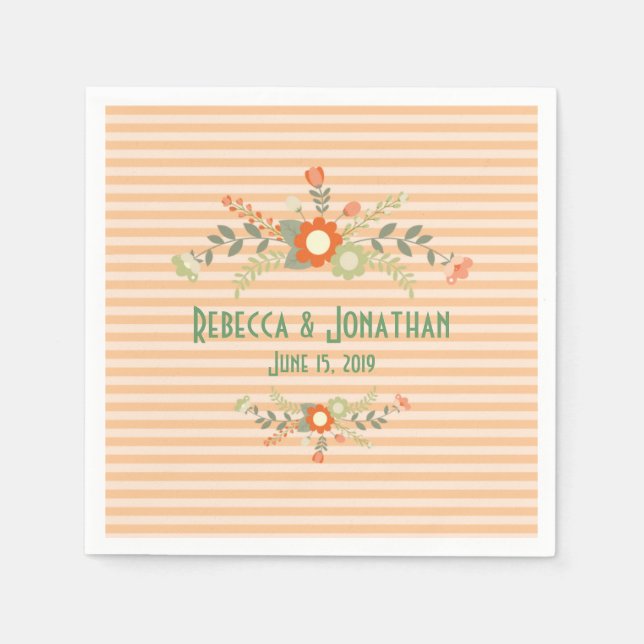 Peach & Olive Green Floral Wedding Personalised Napkin (Front)