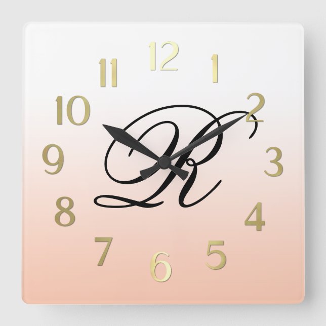 Peach Ombre Over Any Colour with Monogram Square Wall Clock (Front)