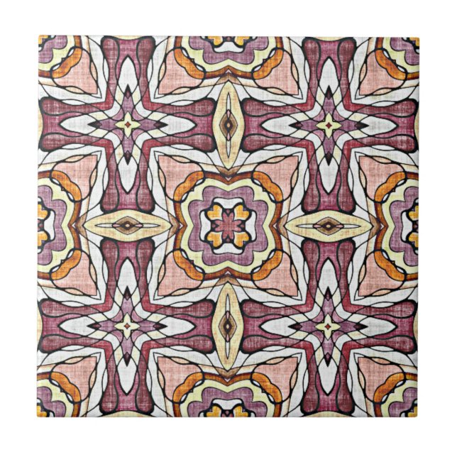Peach Orange Blush Mauve Pink Purple Ethnic Art Ceramic Tile (Front)