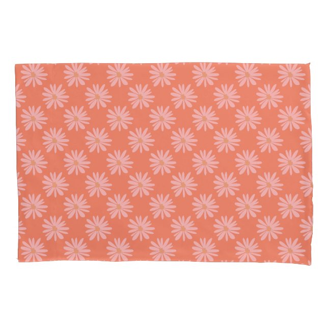 Peach Orange BOHO Chic Daisy Pattern Retro Floral Pillowcase (Front)